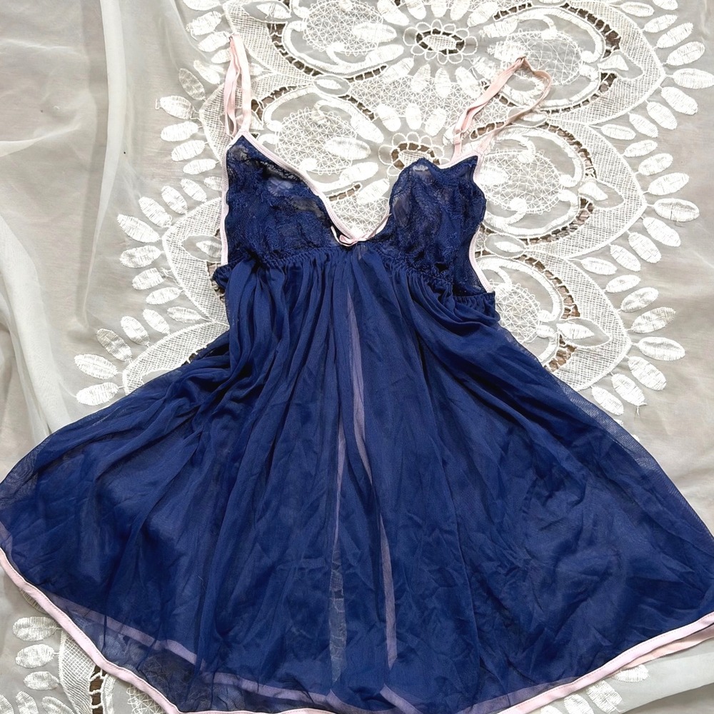 Y2K Victorias Secret Babydoll Lingerie Navy Pink Lace Mesh Chemise Large
